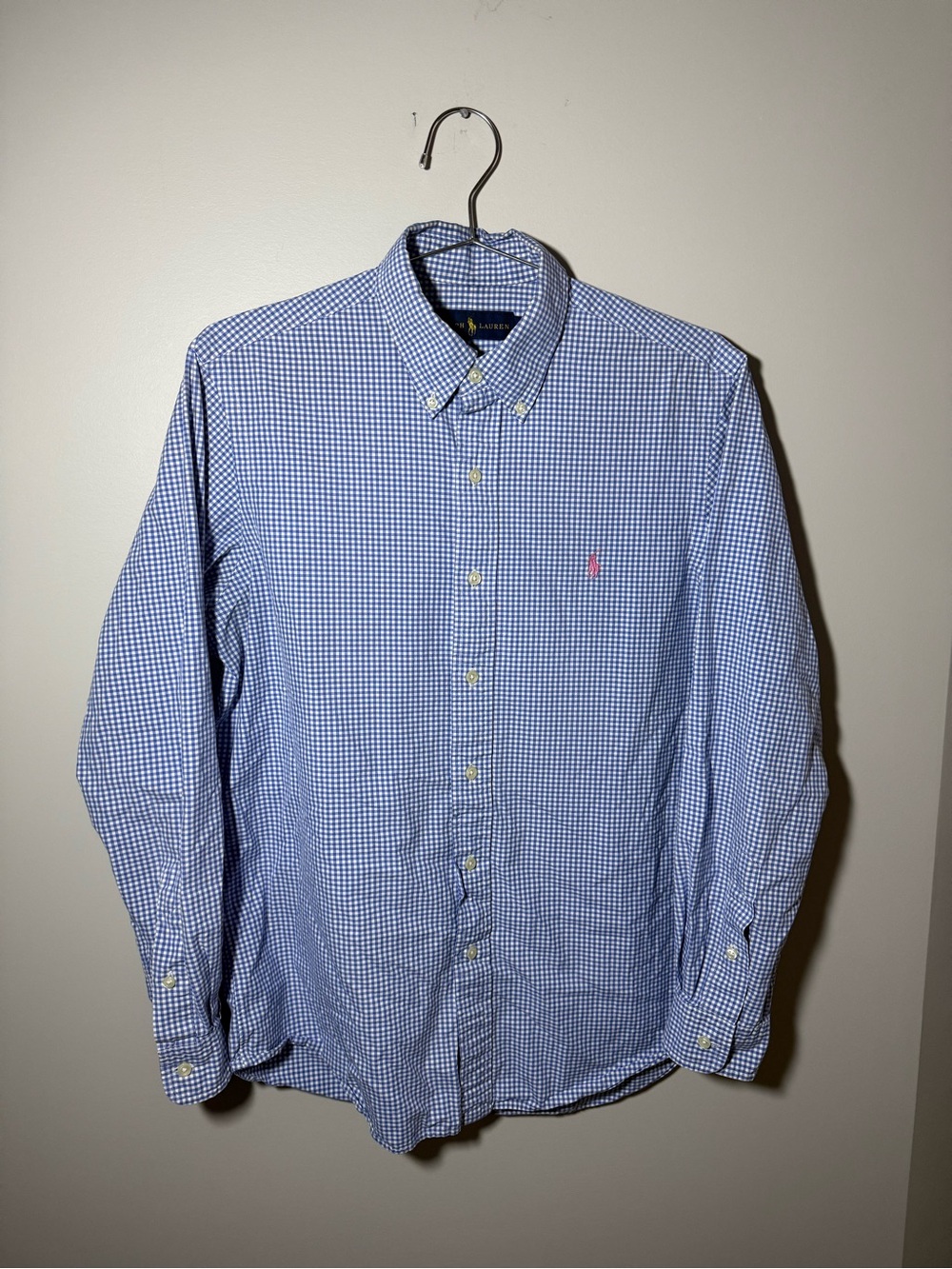 Polo Ralph Lauren Button Down Shirt Blue and White Check Pink Pony